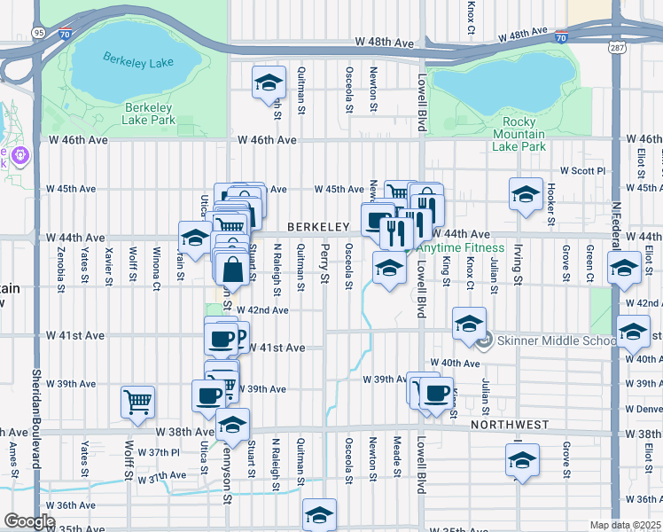 map of restaurants, bars, coffee shops, grocery stores, and more near 3990 West 43rd Avenue in Denver