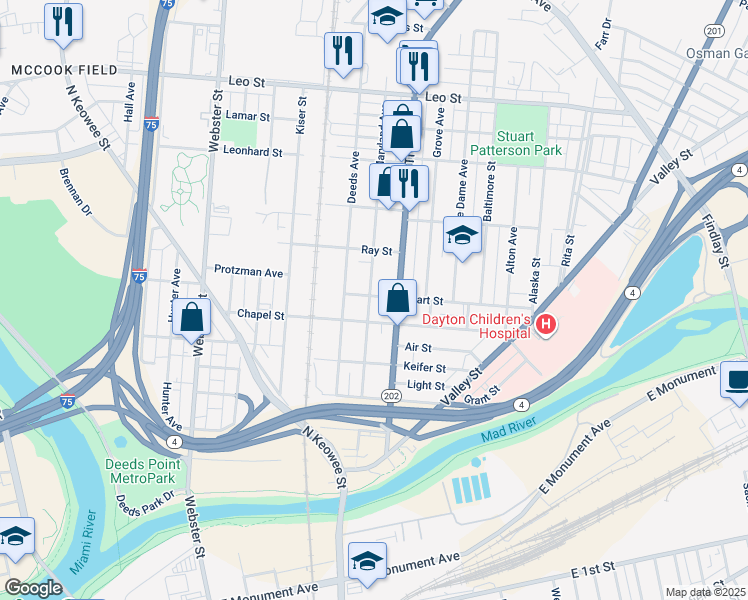 map of restaurants, bars, coffee shops, grocery stores, and more near 382 Maryland Avenue in Dayton