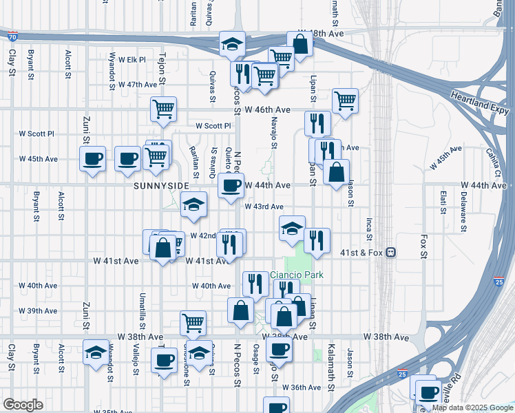 map of restaurants, bars, coffee shops, grocery stores, and more near 1539 West 43rd Avenue in Denver