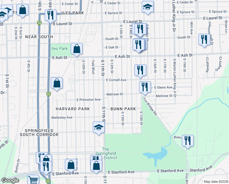 map of restaurants, bars, coffee shops, grocery stores, and more near 2246 South 12th Street in Springfield