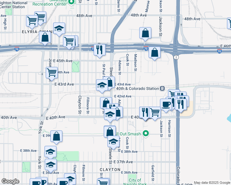 map of restaurants, bars, coffee shops, grocery stores, and more near 3225 East 42nd Avenue in Denver