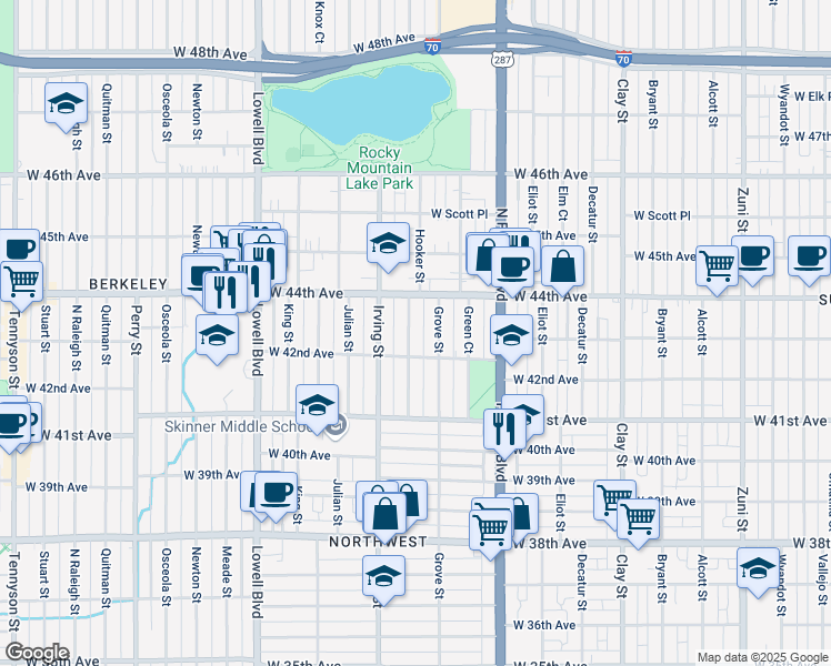 map of restaurants, bars, coffee shops, grocery stores, and more near 4236 Hooker Street in Denver