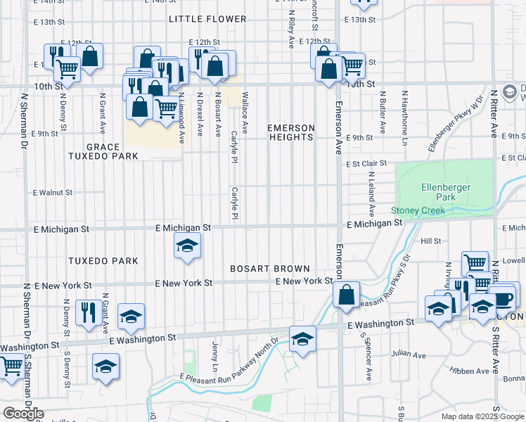 map of restaurants, bars, coffee shops, grocery stores, and more near 524 Dequincy Street in Indianapolis