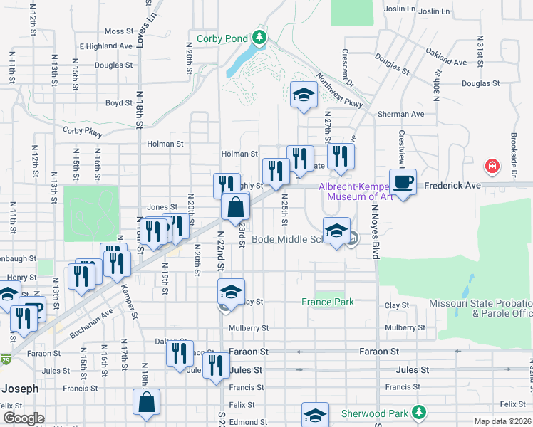 map of restaurants, bars, coffee shops, grocery stores, and more near 915 North 24th Street in Saint Joseph