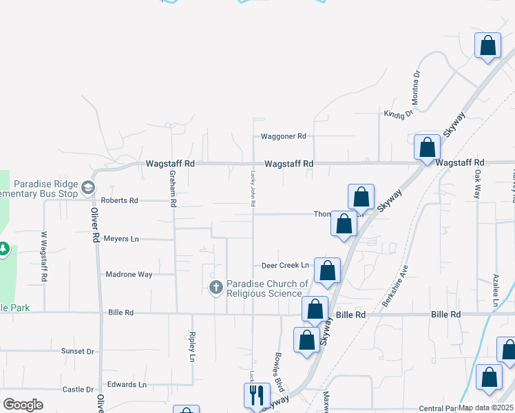map of restaurants, bars, coffee shops, grocery stores, and more near 871 Thomasson Lane in Paradise