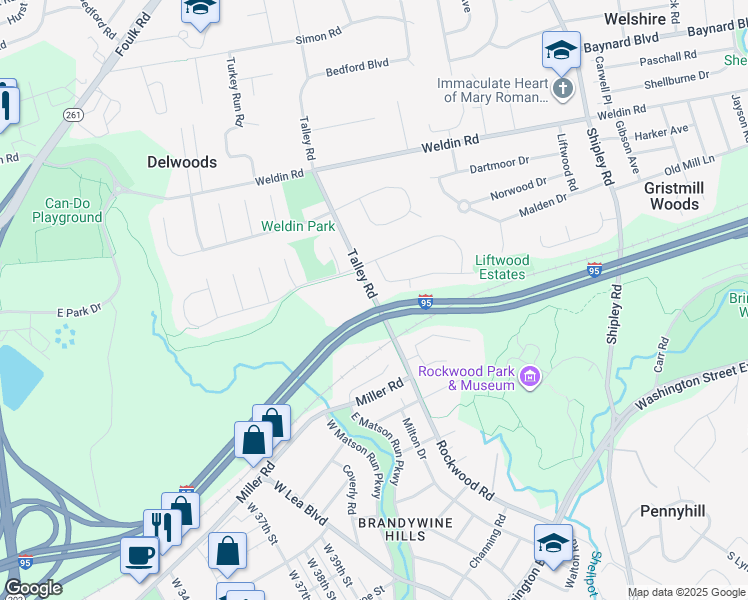 map of restaurants, bars, coffee shops, grocery stores, and more near 1100 Talley Road in Wilmington