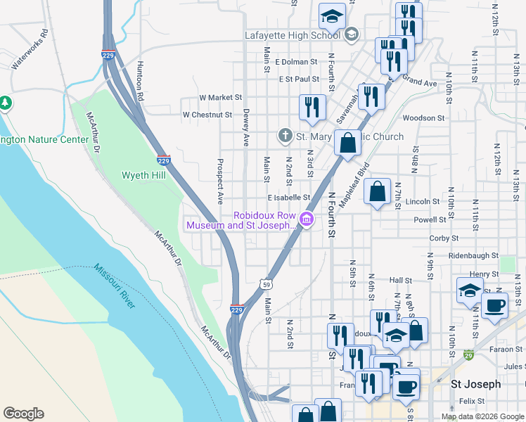 map of restaurants, bars, coffee shops, grocery stores, and more near 1202 Main Street in Saint Joseph