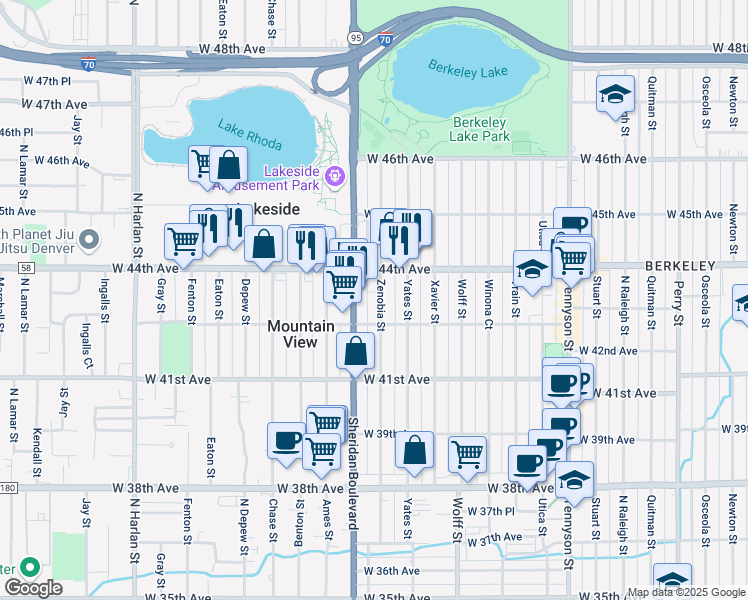 map of restaurants, bars, coffee shops, grocery stores, and more near 4343 Zenobia Street in Denver