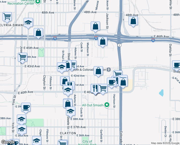 map of restaurants, bars, coffee shops, grocery stores, and more near 4220 Madison Street in Denver