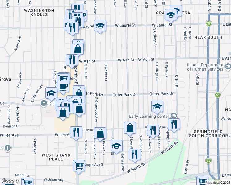 map of restaurants, bars, coffee shops, grocery stores, and more near 701 Outer Park Drive in Springfield