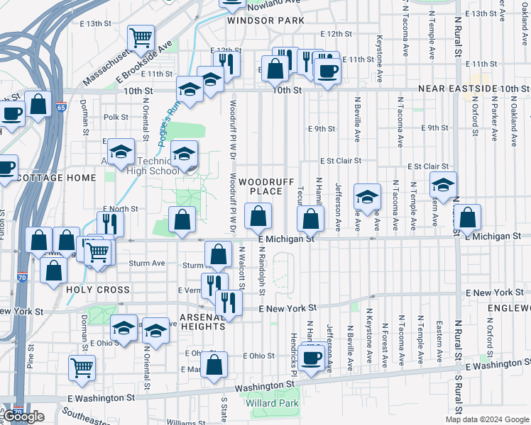 map of restaurants, bars, coffee shops, grocery stores, and more near 585 Woodruff Place Middle Drive in Indianapolis
