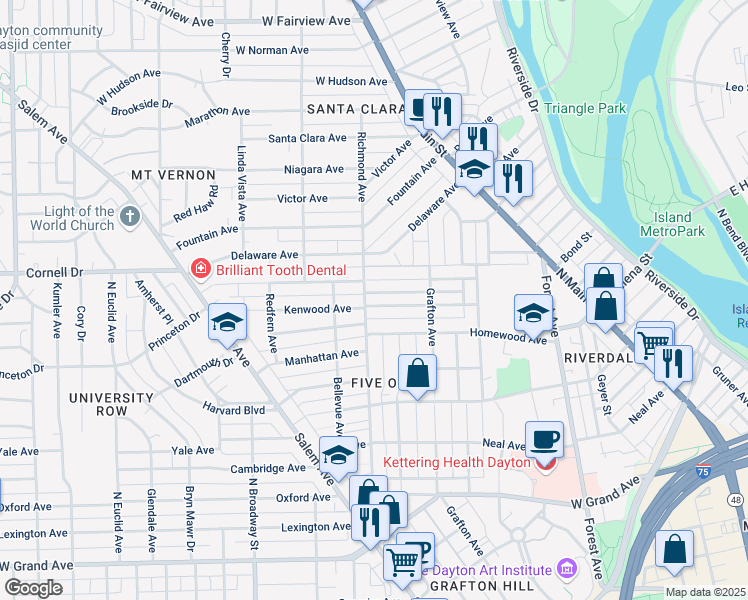 map of restaurants, bars, coffee shops, grocery stores, and more near 365 Kenwood Avenue in Dayton