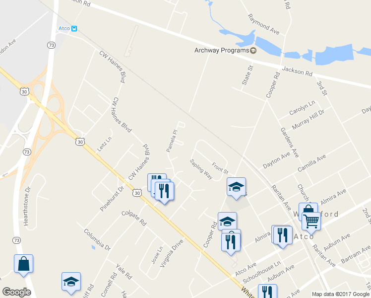 map of restaurants, bars, coffee shops, grocery stores, and more near 2522 Andria Court in Atco