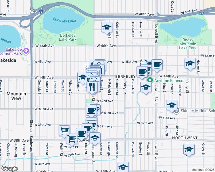 map of restaurants, bars, coffee shops, grocery stores, and more near 4309 Raleigh Street in Denver