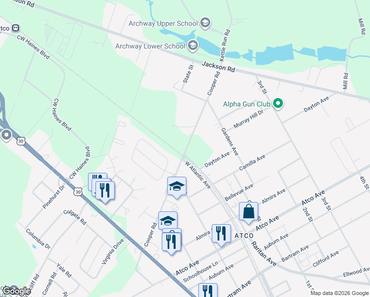 map of restaurants, bars, coffee shops, grocery stores, and more near 2307 Cooper Road in Atco