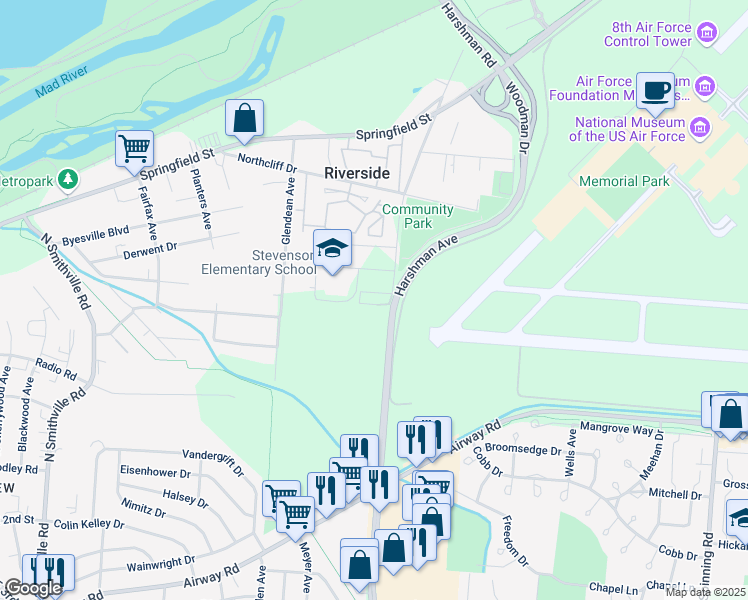 map of restaurants, bars, coffee shops, grocery stores, and more near 743 Old Harshman Road in Dayton