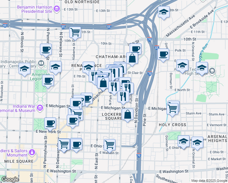 map of restaurants, bars, coffee shops, grocery stores, and more near 611 East North Street in Indianapolis