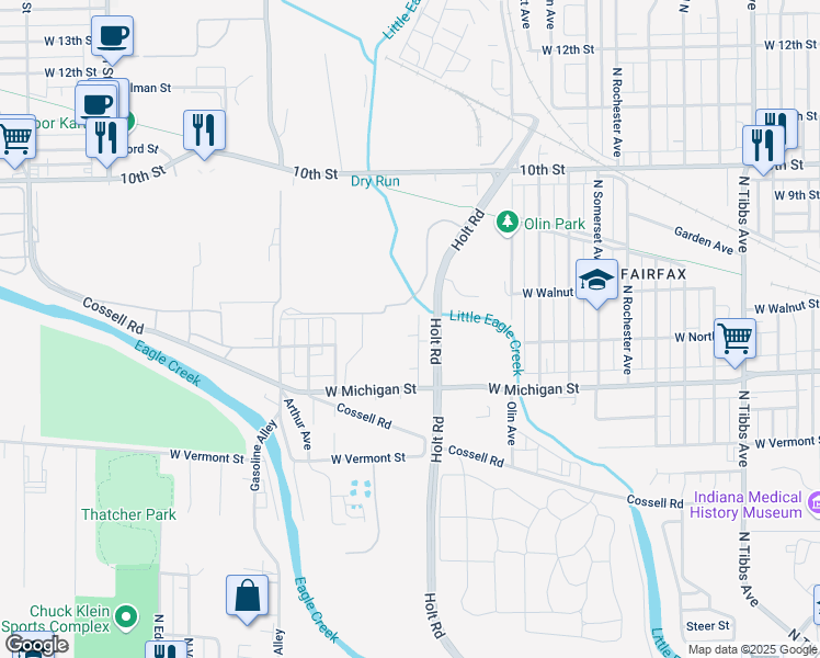map of restaurants, bars, coffee shops, grocery stores, and more near 554 Tomlinson Drive in Indianapolis