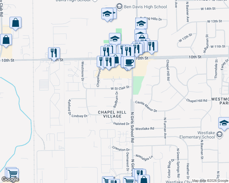 map of restaurants, bars, coffee shops, grocery stores, and more near 7423 West Saint Clair Street in Indianapolis