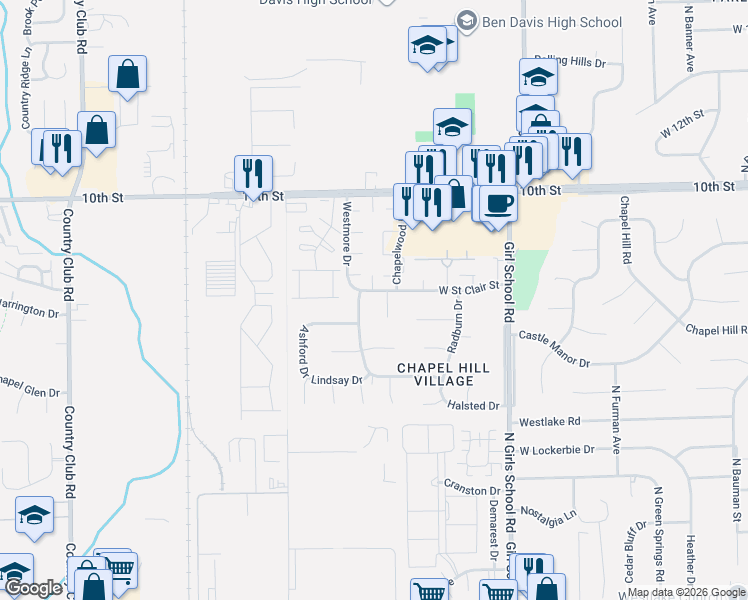 map of restaurants, bars, coffee shops, grocery stores, and more near 7541 West Saint Clair Street in Indianapolis