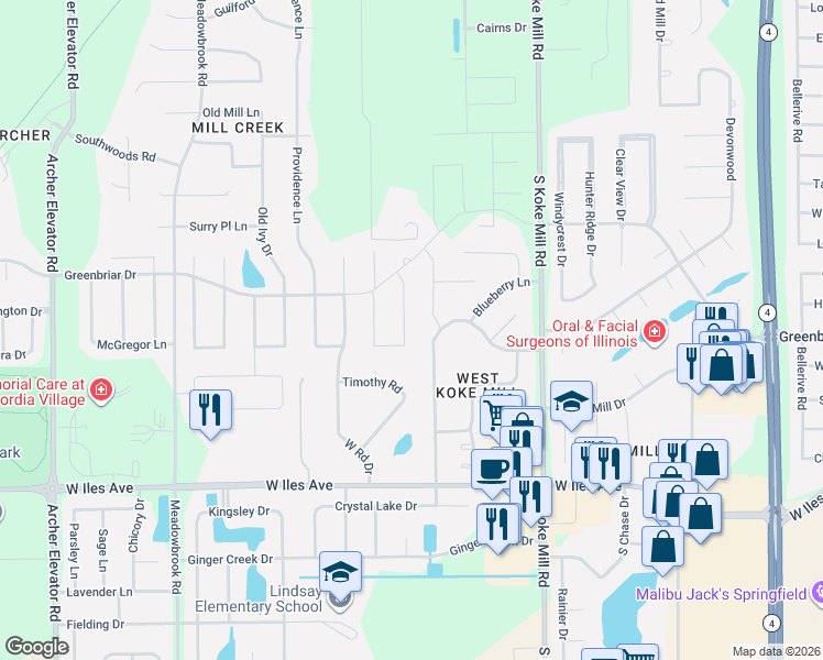 map of restaurants, bars, coffee shops, grocery stores, and more near 2101-2299 Checkerberry Lane in Springfield