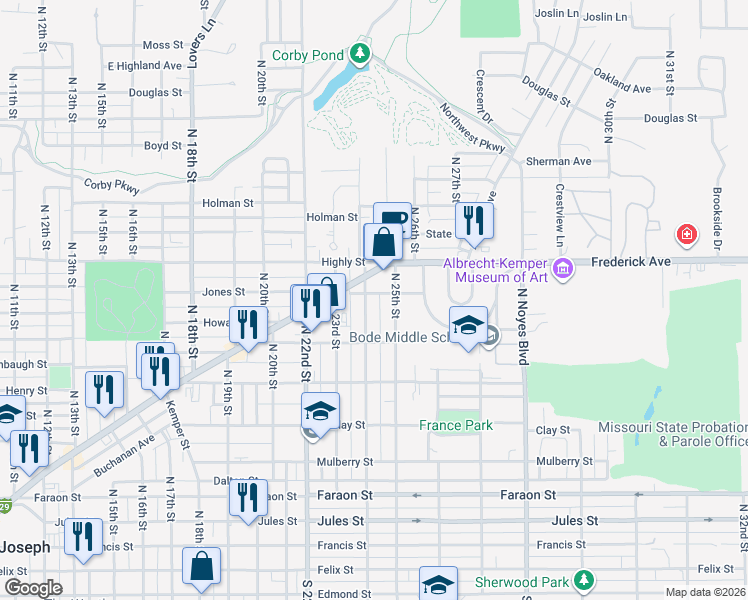 map of restaurants, bars, coffee shops, grocery stores, and more near 915 North 24th Street in Saint Joseph