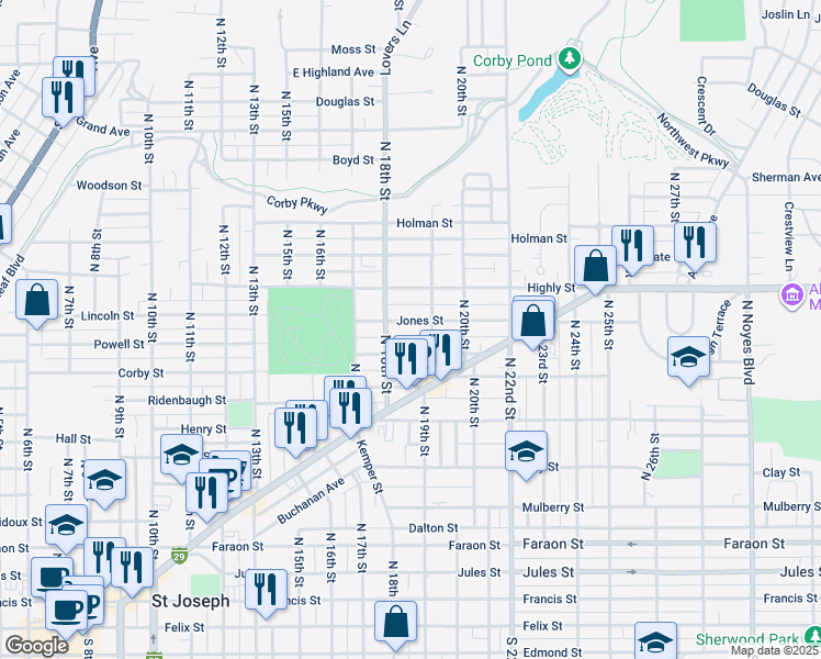 map of restaurants, bars, coffee shops, grocery stores, and more near 1018 North 19th Street in Saint Joseph