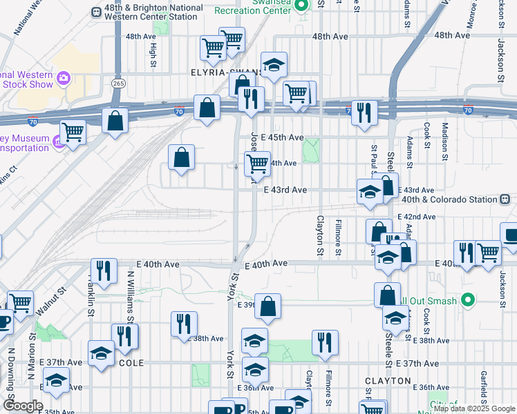 map of restaurants, bars, coffee shops, grocery stores, and more near 4216 Josephine Street in Denver