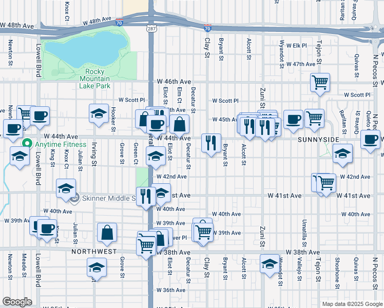 map of restaurants, bars, coffee shops, grocery stores, and more near 4312 Decatur Street in Denver