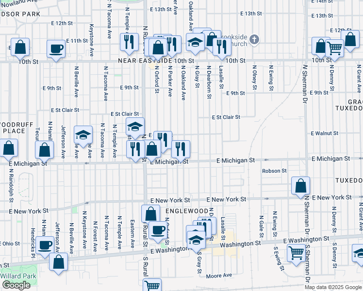map of restaurants, bars, coffee shops, grocery stores, and more near 534 North Oakland Avenue in Indianapolis
