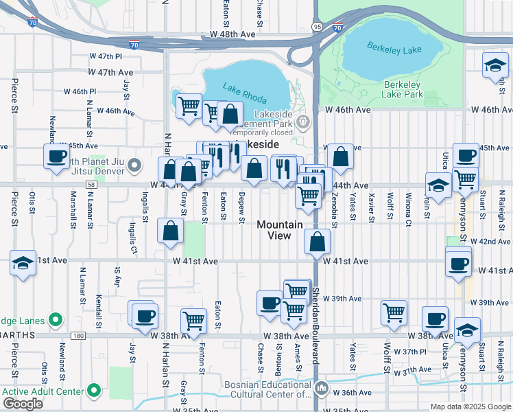 map of restaurants, bars, coffee shops, grocery stores, and more near 4341 Chase Street in Denver