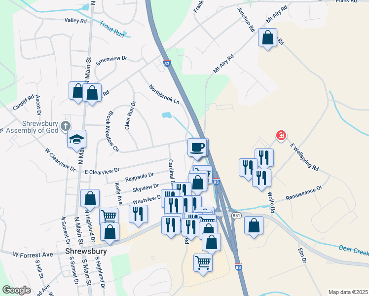 map of restaurants, bars, coffee shops, grocery stores, and more near 39 Northbrook Ln in Shrewsbury