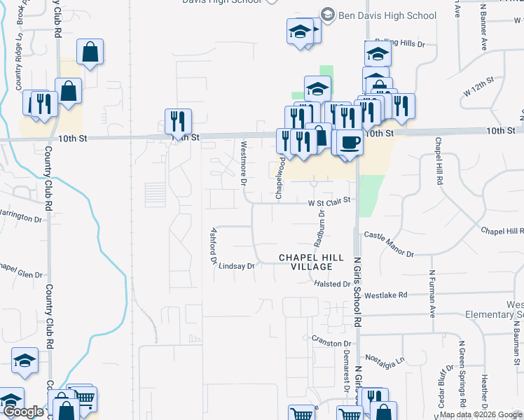map of restaurants, bars, coffee shops, grocery stores, and more near 7541 West Saint Clair Street in Indianapolis