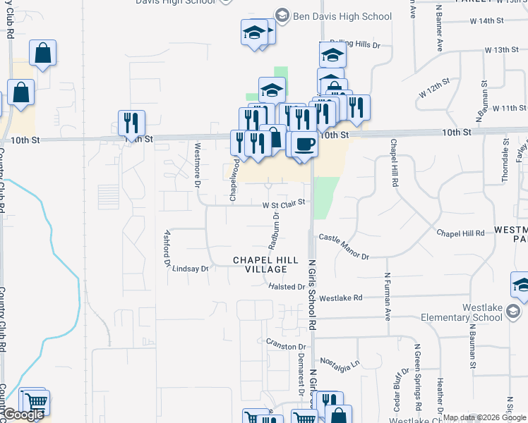 map of restaurants, bars, coffee shops, grocery stores, and more near 7423 West Saint Clair Street in Indianapolis