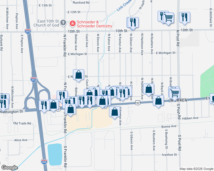 map of restaurants, bars, coffee shops, grocery stores, and more near 65 North Devon Avenue in Indianapolis