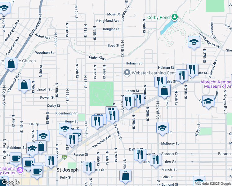 map of restaurants, bars, coffee shops, grocery stores, and more near 1704 Jones Street in Saint Joseph