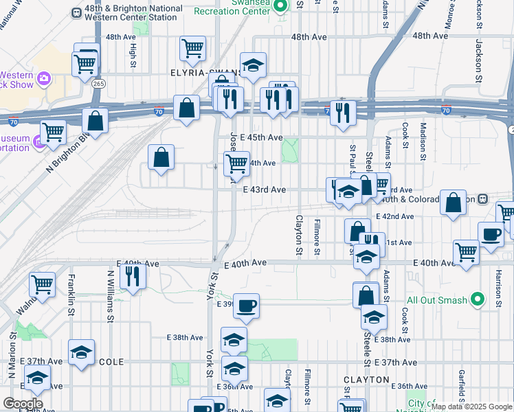 map of restaurants, bars, coffee shops, grocery stores, and more near 4234 Columbine Street in Denver