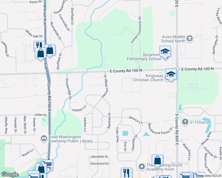 map of restaurants, bars, coffee shops, grocery stores, and more near 863 Harvest Ridge Circle in Avon