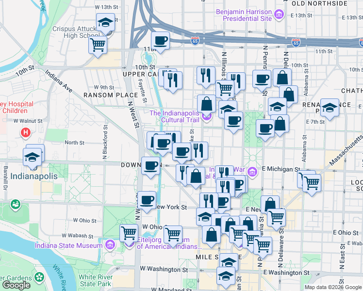 map of restaurants, bars, coffee shops, grocery stores, and more near Senate Blvd & W North St in Indianapolis