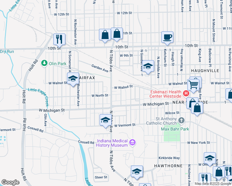 map of restaurants, bars, coffee shops, grocery stores, and more near 615D Tibbs Court in Indianapolis