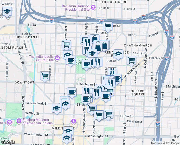 map of restaurants, bars, coffee shops, grocery stores, and more near in Indianapolis