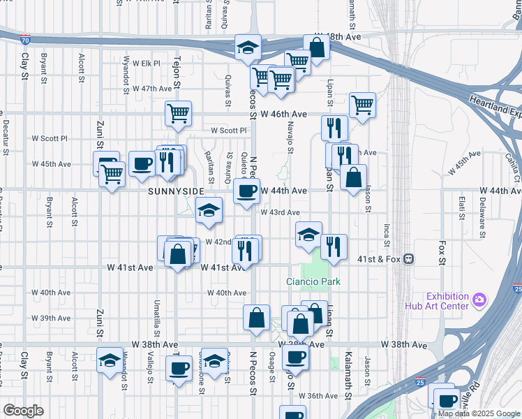 map of restaurants, bars, coffee shops, grocery stores, and more near 1581 West 43rd Avenue in Denver