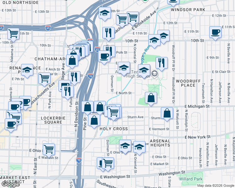map of restaurants, bars, coffee shops, grocery stores, and more near 568 North Highland Avenue in Indianapolis