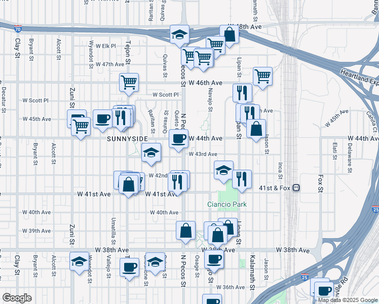 map of restaurants, bars, coffee shops, grocery stores, and more near 1537 West 43rd Avenue in Denver