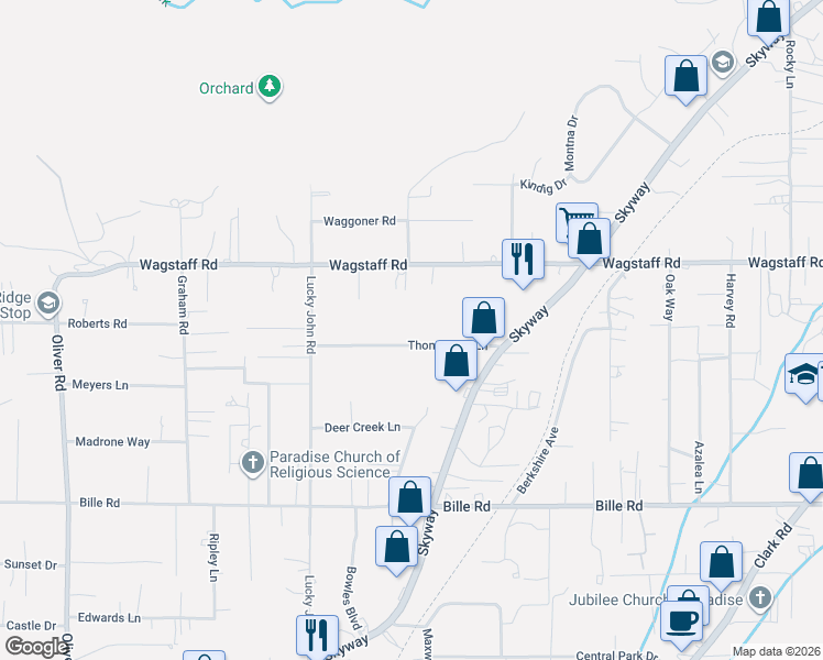 map of restaurants, bars, coffee shops, grocery stores, and more near 947 Thomasson Lane in Paradise