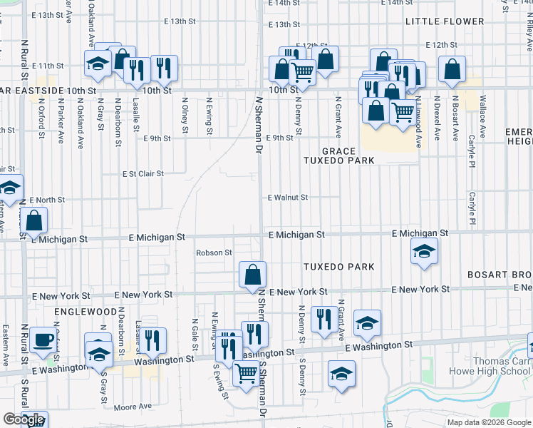 map of restaurants, bars, coffee shops, grocery stores, and more near 528 North Bradley Avenue in Indianapolis
