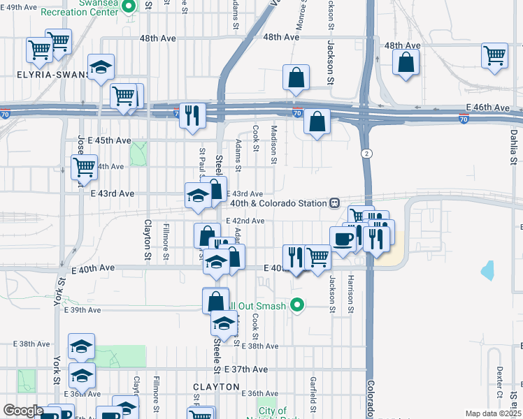 map of restaurants, bars, coffee shops, grocery stores, and more near 4230 Cook Street in Denver