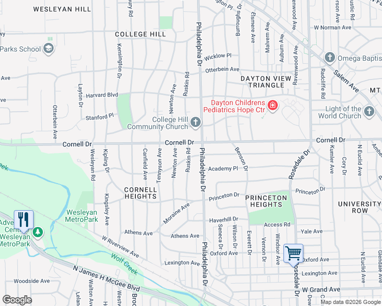 map of restaurants, bars, coffee shops, grocery stores, and more near 2725 Earlham Drive in Dayton