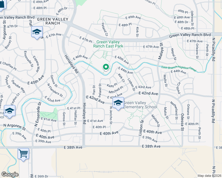 map of restaurants, bars, coffee shops, grocery stores, and more near 20555 Mitchell Place in Denver