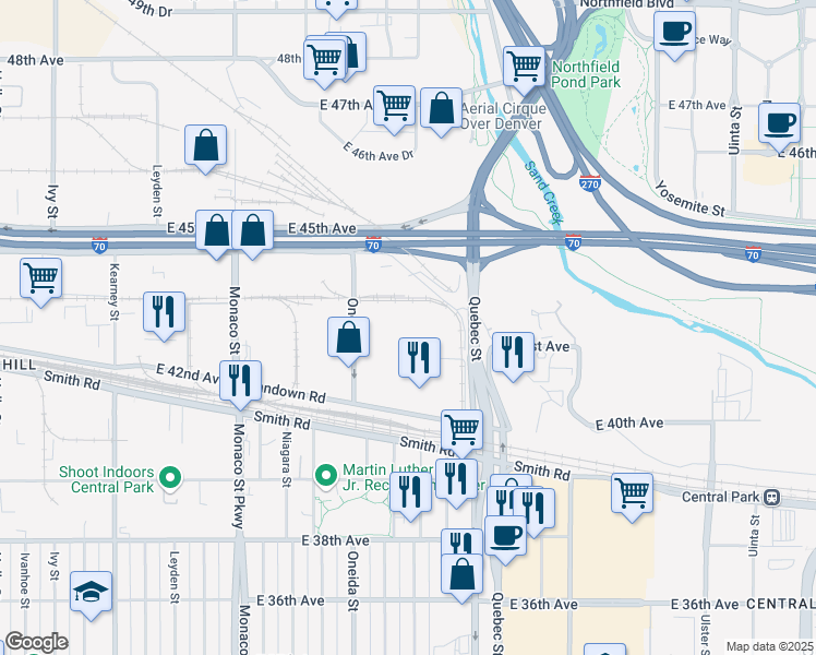 map of restaurants, bars, coffee shops, grocery stores, and more near 4250 Oneida St in Denver